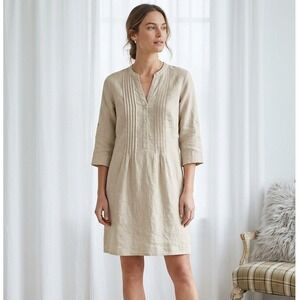 J. McLaughlin Linen Tunic Dress Beige‎ Pintuck Roll Tab Sleeve XL